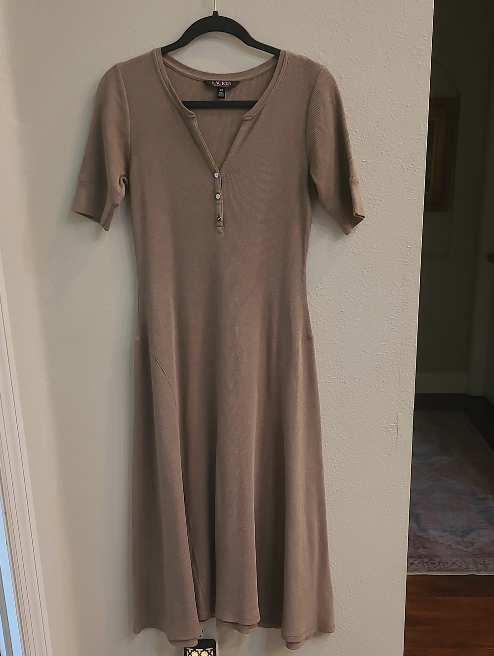 Lauren Ralph Lauren Black Label  Taupe Short-Sleeve Midi Knit Dress Brown  Small